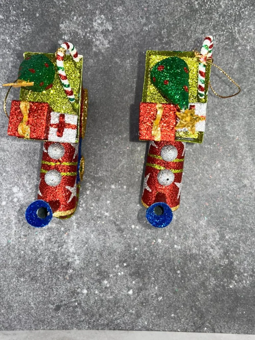 Vintage Pier One Pier 1 Metal Glitter Christmas Train Ornaments Red Green Blue